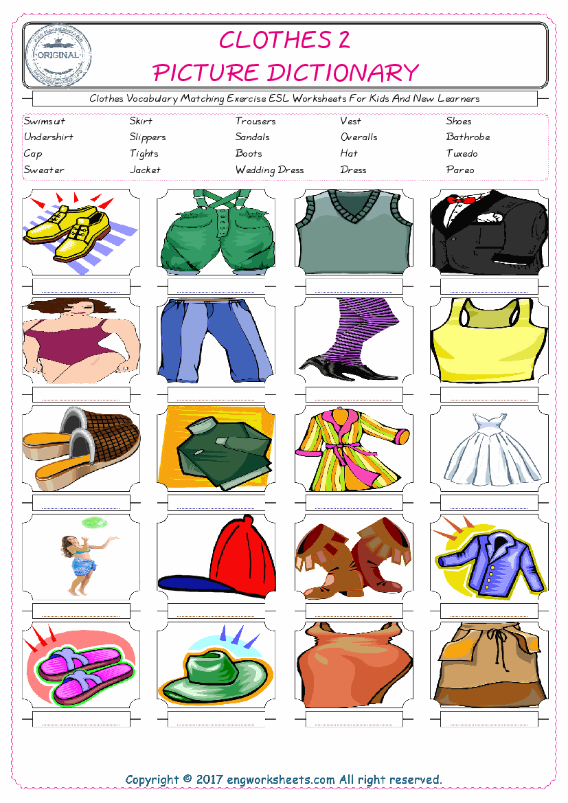 Clothes for Kids ESL Word Matching English Exercise Worksheet. 